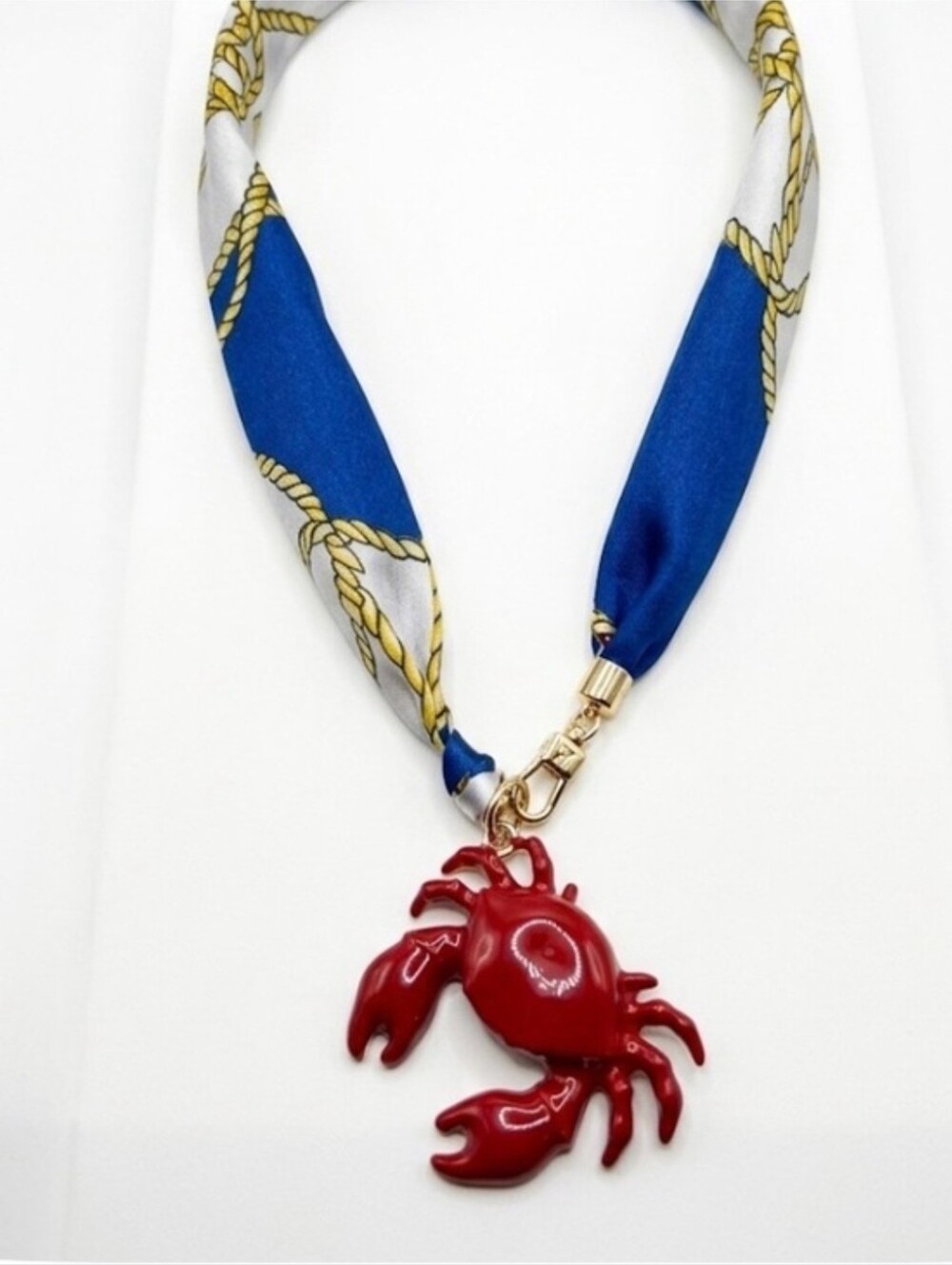 💙▪️🦀Piper K▪️ Nautical Blue Adjustabel Scarf Red Crab Pendant Pearl Necklace